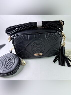 Valentino Orlandi Black Quilted Logo Crossbody Bag with Coin Pouch